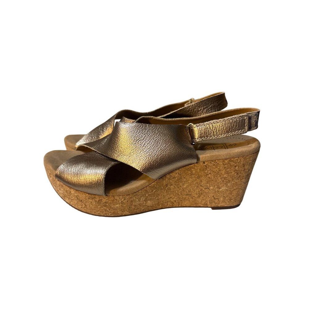 Clarks Collection Womens 8.5 Metallic Bronze‎ Wedge Sandals With Cork Sole & Adj